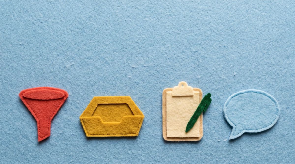 Felt funnel, inbox tray, clipboard, and speech bubble
